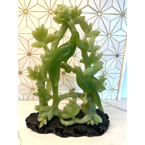 1970s Green Resin Peacock Sculpture on Wood Base – Hollywood Regency